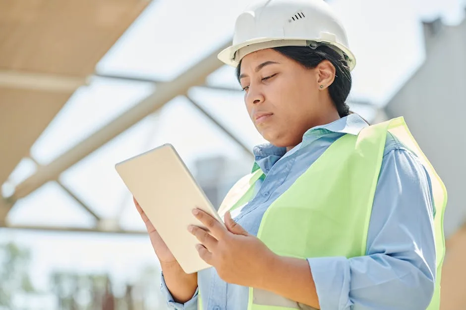 Construction engineer using a tablet on site for digital document management