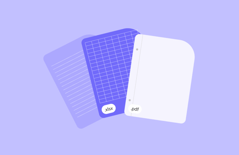 Various document formats on purple background