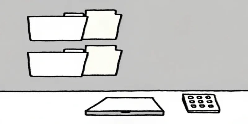 An accountant's desk organized for document management with a laptop, folders, and a calculator.