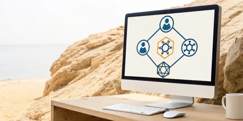 Laptop screen showing a secure client portal dashboard for managing business files and client communication.