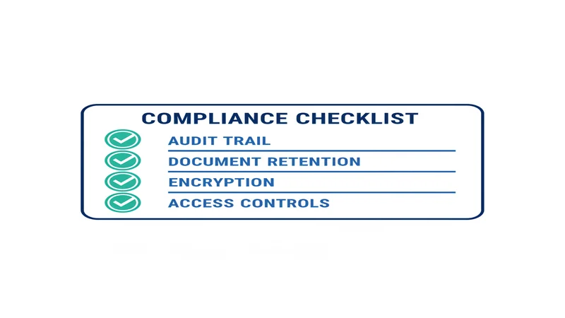 Compliance checklist for financial document management showing audit trails, encryption, retention, and access controls