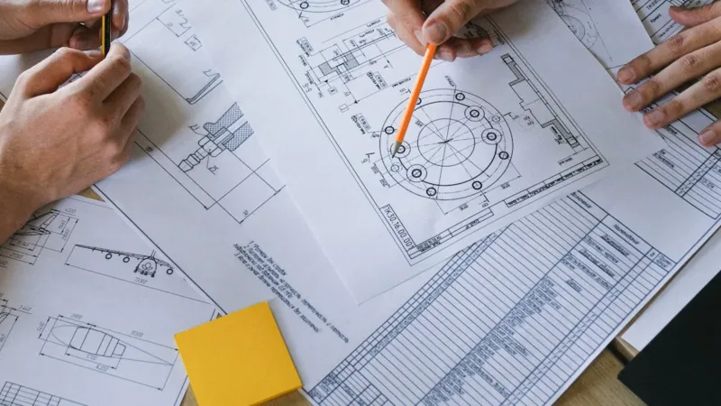 Engineering team reviewing technical drawings and blueprints at a desk