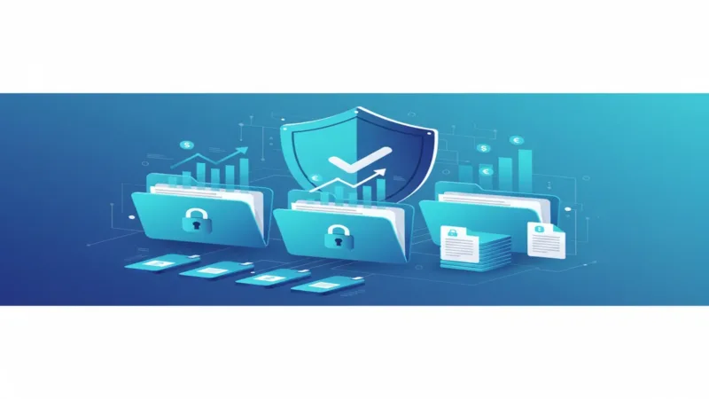 Financial services document management with secure folders, compliance icons, and financial charts