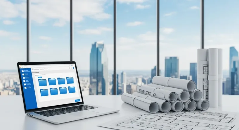 Commercial real estate office desk with document management system on laptop screen and property contracts organized beside it