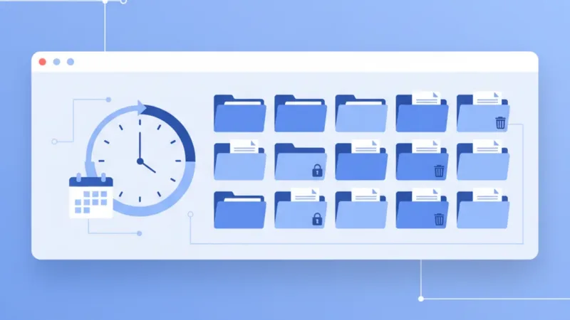 Document retention policy guide with organized folders and retention schedule clock