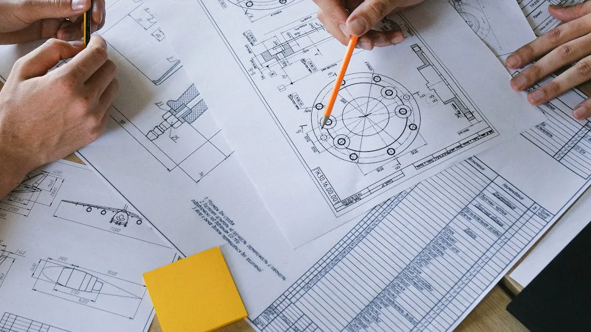 Engineering team collaborating on project plans and technical drawings at a shared workspace
