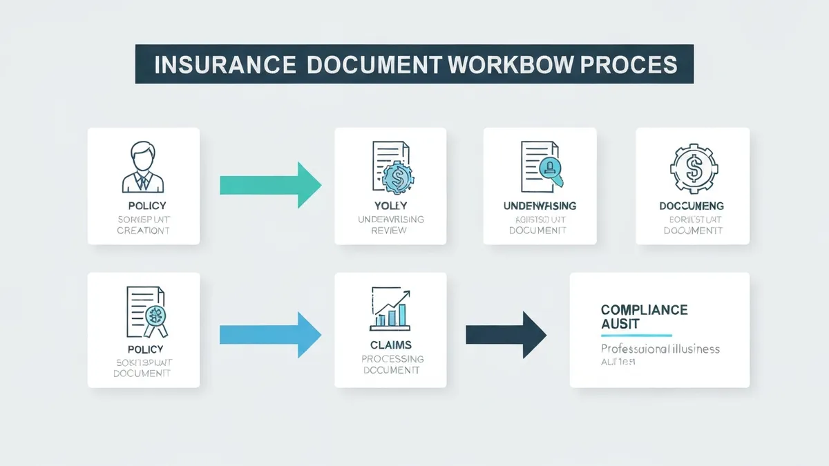 Insurance document workflow showing policy creation, underwriting, claims processing, and compliance audit trail
