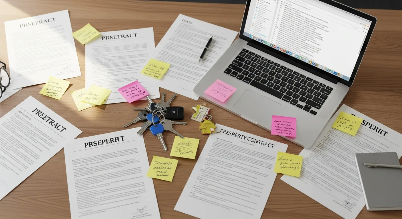 Scattered real estate documents and contracts on a messy desk showing the challenge of disorganised property files