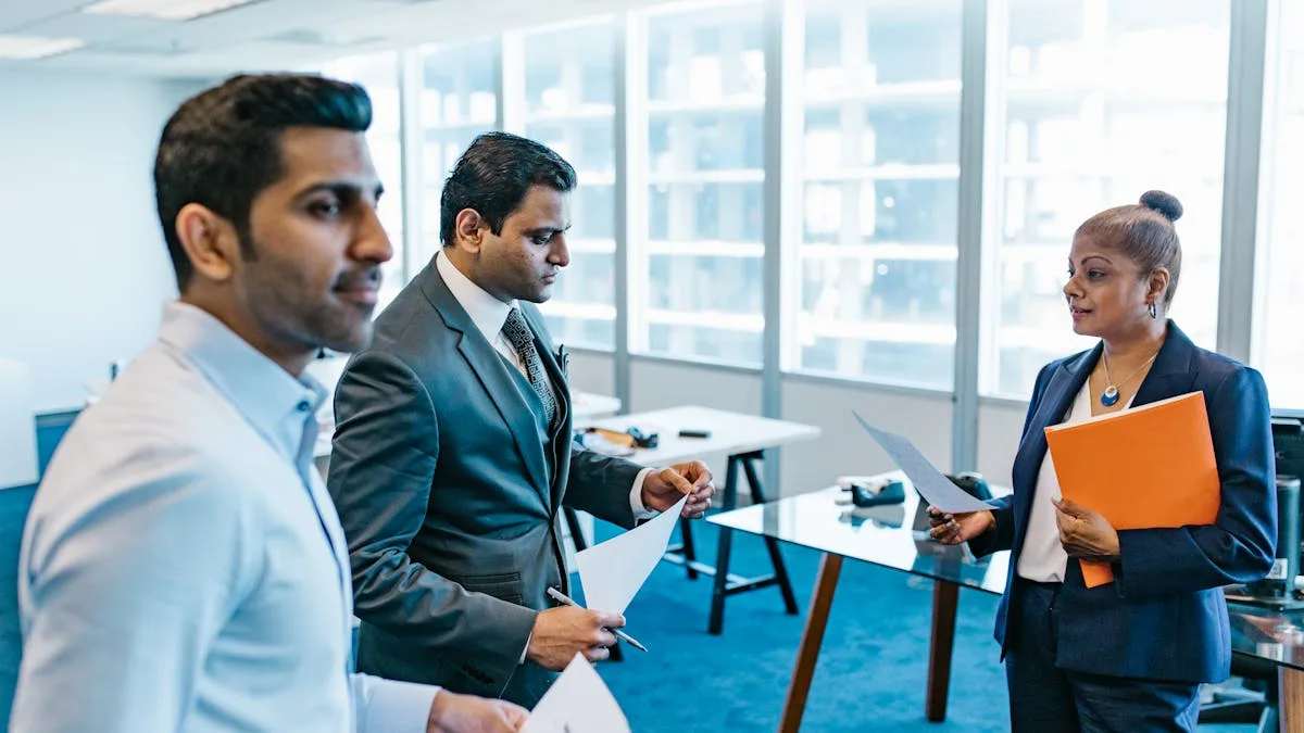 Professional team collaborating on documents using SuiteFiles document management features