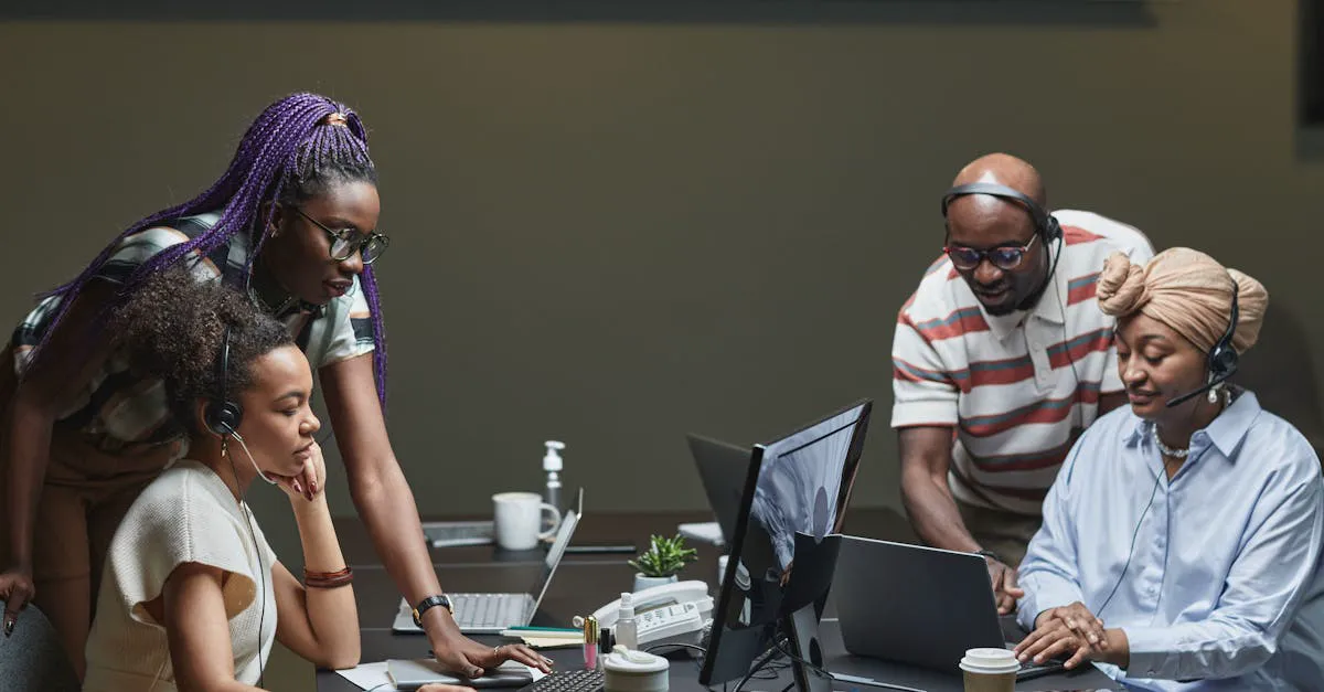 Professional services team collaborating on documents in a modern office environment