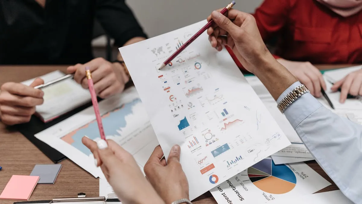 Team of accounting professionals analyzing workflow reports and financial data