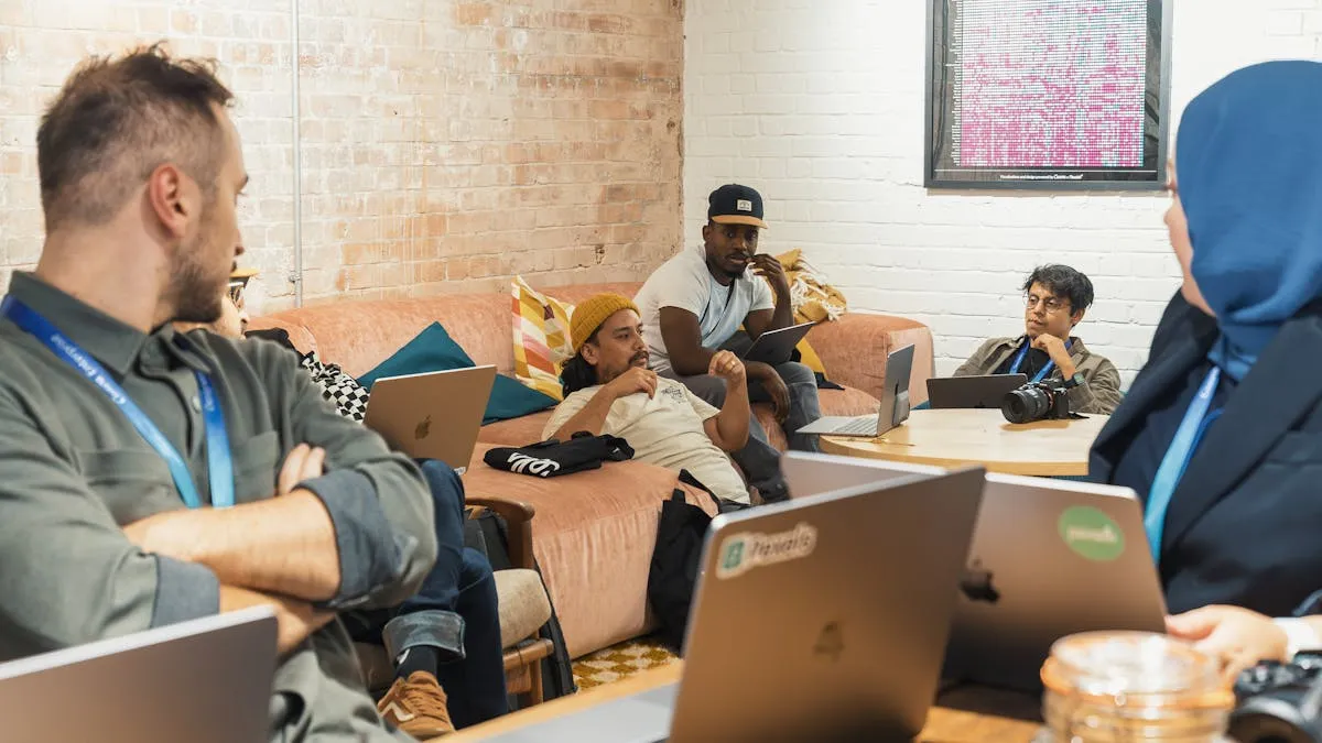 Professional team collaborating on documents in a modern office environment