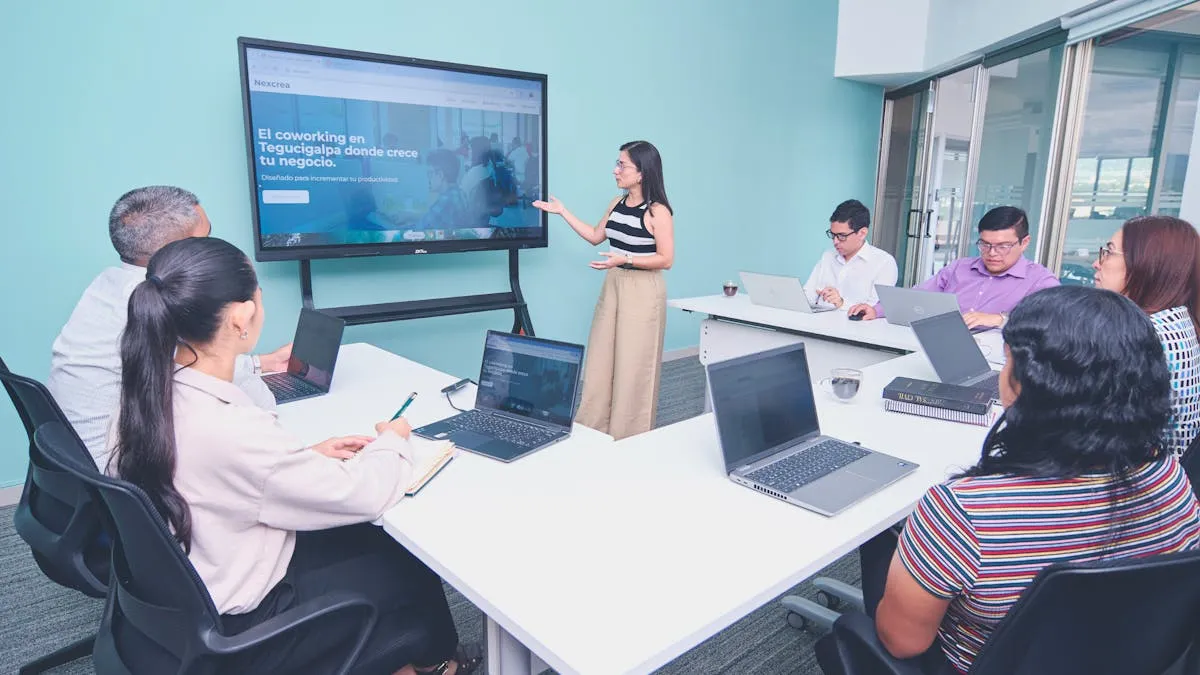 Professional team collaborating on choosing the best client portal software