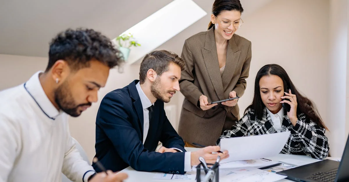 Professional team collaborating on workflow management in a modern office