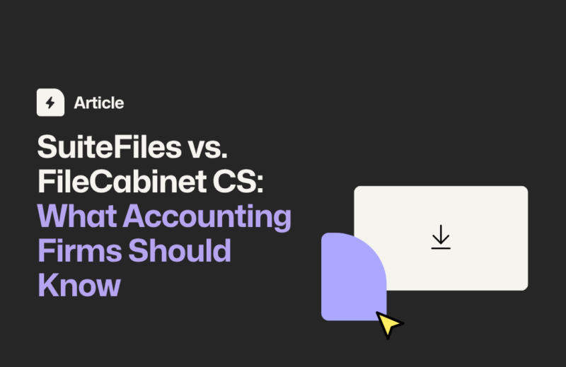 Black background with a graphic reading 'SuiteFiles vs. FileCabinet CS: What Accounting Firms Should Know'. SuiteFiles logo is present along with an image depicting downloading a file.